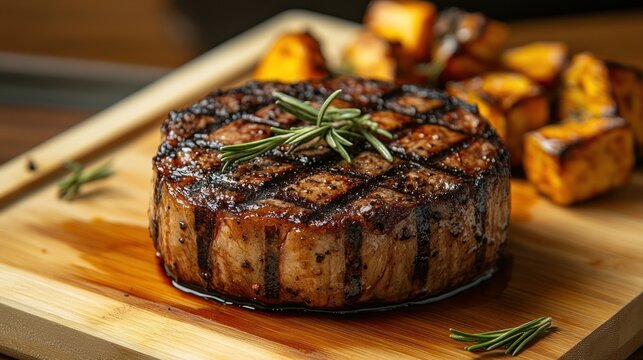 A beautifully grilled steak garnished with rosemary, served with roasted vegetables on a wooden board.