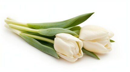 Fototapeta premium Creamy Elegance: A trio of pristine white tulips, their petals softly unfurling, create a delicate and serene image.