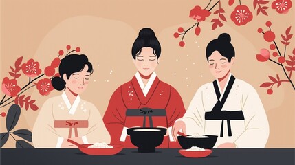 Korean Traditional Ceremony: Three women in traditional Korean hanbok attire participate in a ceremonial ritual, symbolizing ancient customs and cultural heritage.  