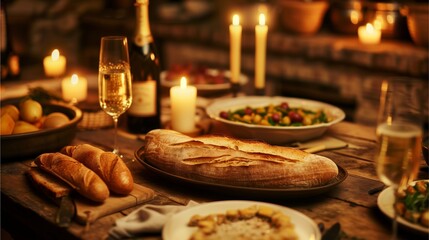 Naklejka premium Candlelit Feast: A rustic wooden table laden with a delectable spread, bathed in the warm glow of candlelight, evokes a sense of intimacy and celebration. 
