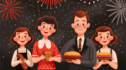 Happy Family Festive Celebration: A charming illustration of a 1950s style family enjoying a festive celebration with fireworks in the background.  The scene is filled with joy and warmth.