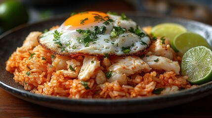 Delicious Chicken Fried Rice with Sunny Side Up Egg and Lime Wedges