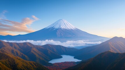 Fototapeta premium Majestic view of Mount Fuji surrounded by mountains and clouds.