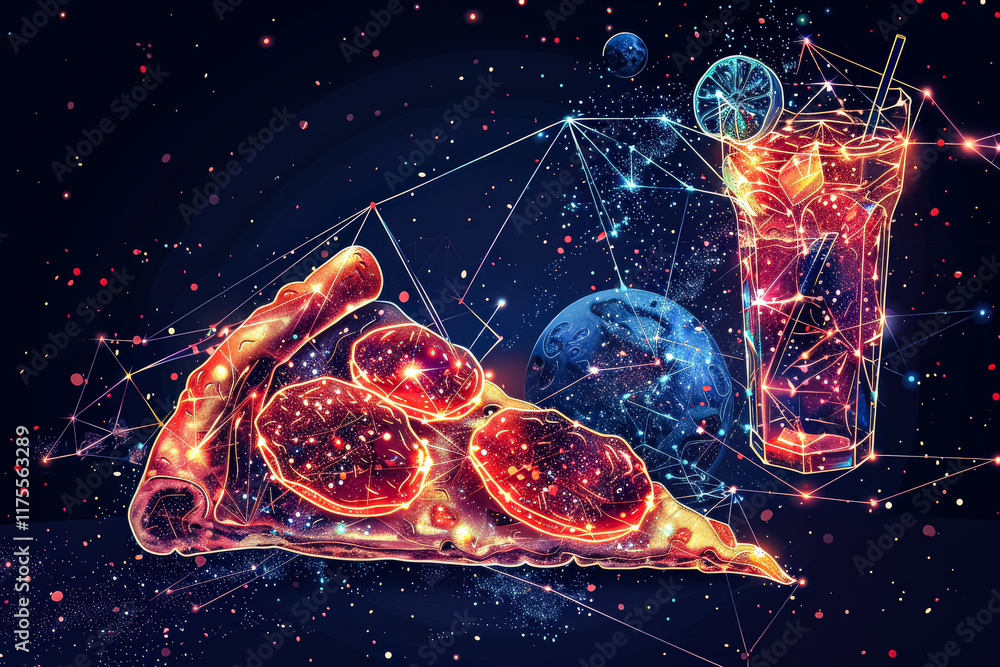 Poster pizza and a drink are on a table in front of a large planet.