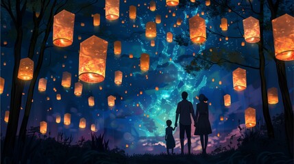 Family Wishes Upon Sky Lanterns: A breathtaking digital painting of a family silhouetted against a night sky filled with hundreds of glowing sky lanterns.