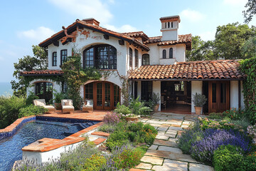 Obraz premium Mediterranean Style Villa With Pool And Lush Landscaping