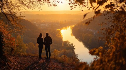 Fototapeta premium Couple Enjoys a Stunning Sunset Over the River in Autumn. Peaceful Nature Surrounds Them at Dusk.
