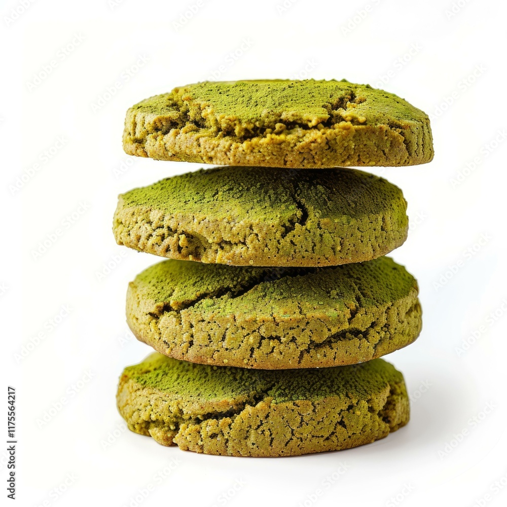 Poster four matcha cookies balancing on each other creating a tall stack on a white background