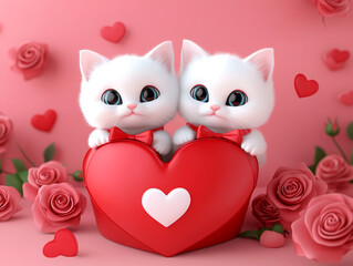 3D cute white kitten couple sitting in a big heart-shaped box with a red bow