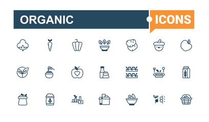 Organic linear icon collection. Includes thin line cruelty, toxic, handmade, gmo, sustainable, sign and more. Set of line pictogram. Solid line editable vector illustration.