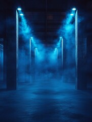 Dark empty space, blue and red neon spotlight, wet asphalt, smoke, night view street, rays. Abstract dark texture of an empty background with copy space mock up design