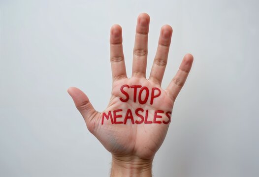 Hand raised with 'Stop Measles' written in bold red text, advocating measles awareness and prevention.
