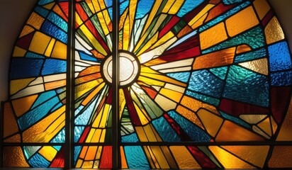 A vibrant abstract stained glass window, showcasing a kaleidoscope of colors and intricate patterns.