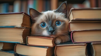 Birman cat peeking playfully from behind a stack of books