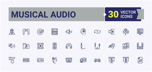 Musical Audio linear icon. Featuring listening, drum, audio, instrument, player, speaker, music and more. Collection for mobile and web apps. Vector outline and solid icons collection.