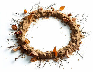 Fototapeta premium A circular frame made of soil or dirt, with a white background