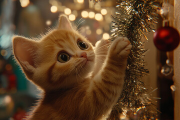 An adorable kitten, with wide eyes and a curious expression, swats at a shiny tinsel garland hanging from a doorway. The tinsel sparkles as the kitten's tiny paw makes contact, creating a whimsical sc