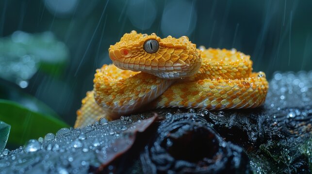 Ultra rare golden lancehead viper in rainforest habitat