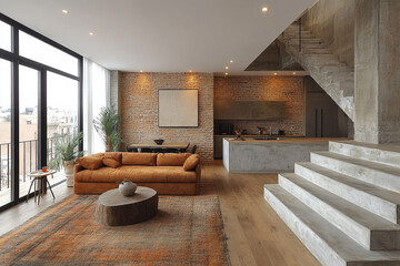 Fototapeta premium Modern Loft Apartment Living Room Design With Exposed Brick
