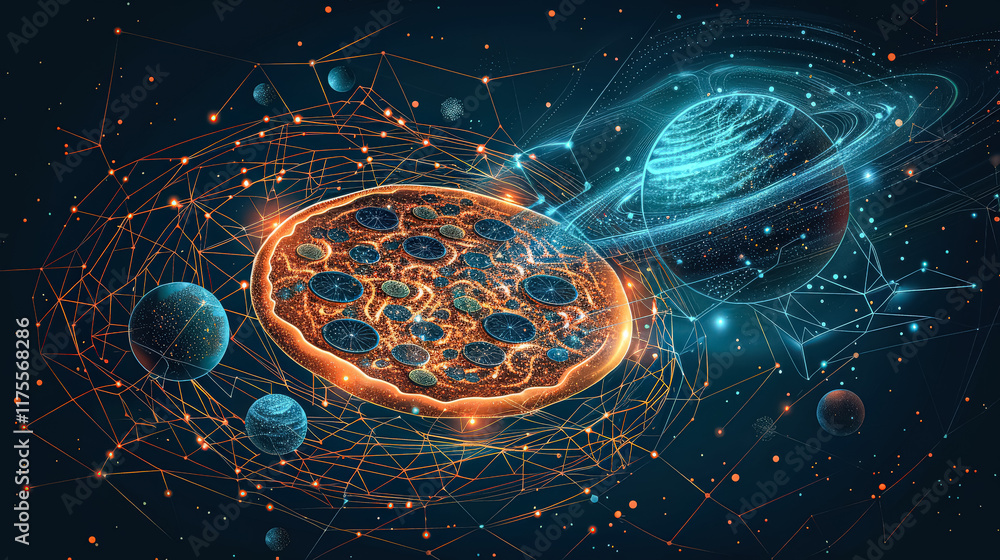 Poster pizza is floating in space with a planet in the background