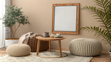 Minimalist cozy corner with poster mockup for interior design inspiration.