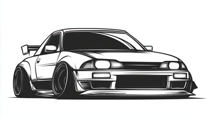 Sleek monochrome illustration of a customized sports car. Ideal for automotive logos, apparel, merchandise, and racing-themed designs.