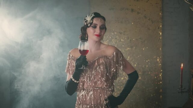 portrait young happy woman with glass red wine in hand. Retro Lady happy smiling face dancing, golden shiny dress, Old style wave hairstyle holiday makeup red lips sexy eyes, room smoke night club 