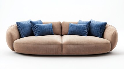 Beige oval sofa, blue pillows, studio, interior design