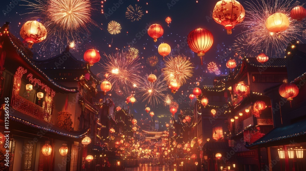 Poster Festive Lanterns Illuminate A Nighttime Street During Fireworks