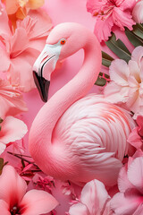 Naklejka premium 3D vector tropical illustration of a pink flamingo and rose