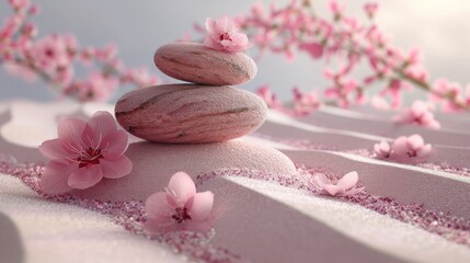 Tranquil zen garden with soft pink blossoms and smooth stones for wellness design