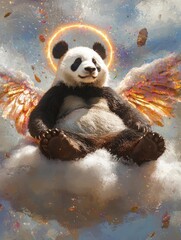 Obraz premium Panda sitting on a cloud with shimmering wings dreamy sky digital art whimsical environment fantasy concept
