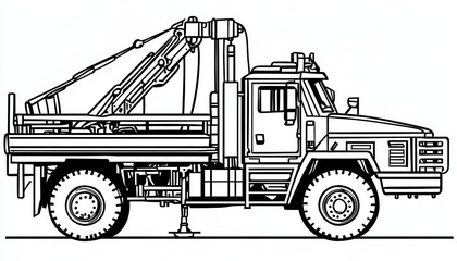 A coloring page featuring a crane truck. Ideal for kids interested in construction or vehicles. Perfect for sparking creativity and learning about different types of trucks.