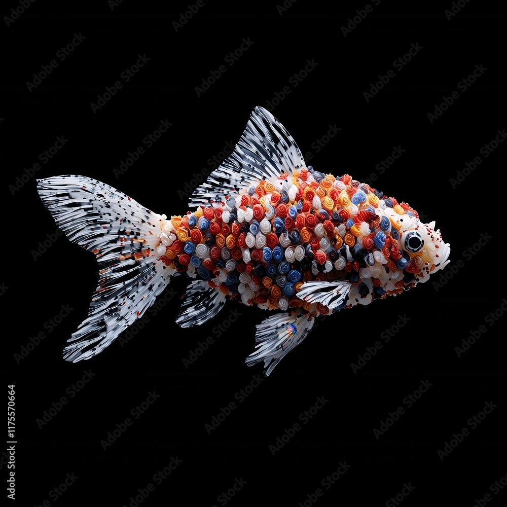 Poster hyperrealistic ornate goldfish design dark background digital artwork vibrant colors close-up view a