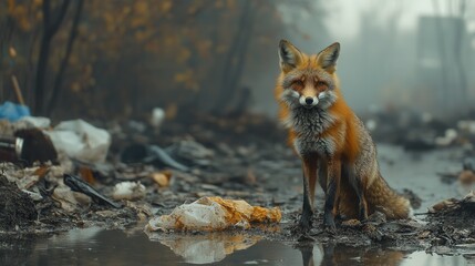 Obraz premium Red Fox Sitting Amidst Urban Pollution Environmental Concerns Wildlife in City