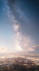 Night view of city lights blending into the milky way urban setting aerial perspective stunning cosmic landscape