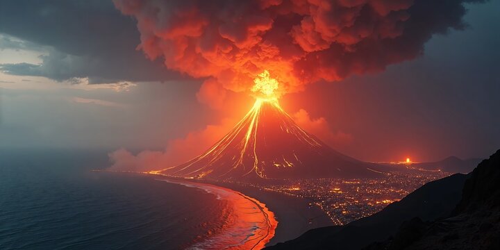 a cinematic, panoramic view of a massive volcanic eruption occurring over a coastal town. The volcano is erupting with intense force, spewing molten lava and ash high into the sky.