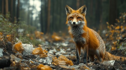 Fototapeta premium Red Fox in Forest Amidst Plastic Waste Environmental Concern Wildlife