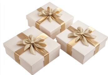 Obraz premium Elegant Gift Boxes Tied with Golden Ribbons on White Background.