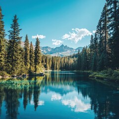 Serene mountain lake reflecting sky and trees.
