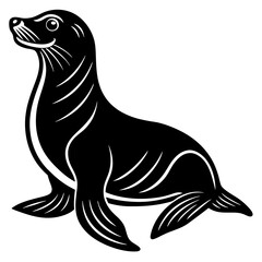 Cute  Line Art Sea Lion Silhouette Black Vector Illustration