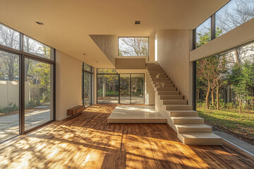 Modern home interior with sunlight and staircase