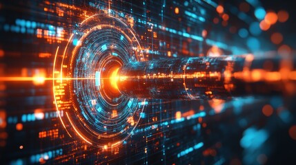 Abstract futuristic digital data stream tunnel with glowing circular interface.