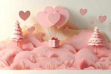 Valentine's Day paper-cut style illustration with a gift box carried by heart-shaped balloons over a pink landscape, perfect for romantic and festive designs