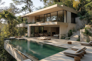 Fototapeta premium Modern Minimalist House With Infinity Pool And Lush Greenery