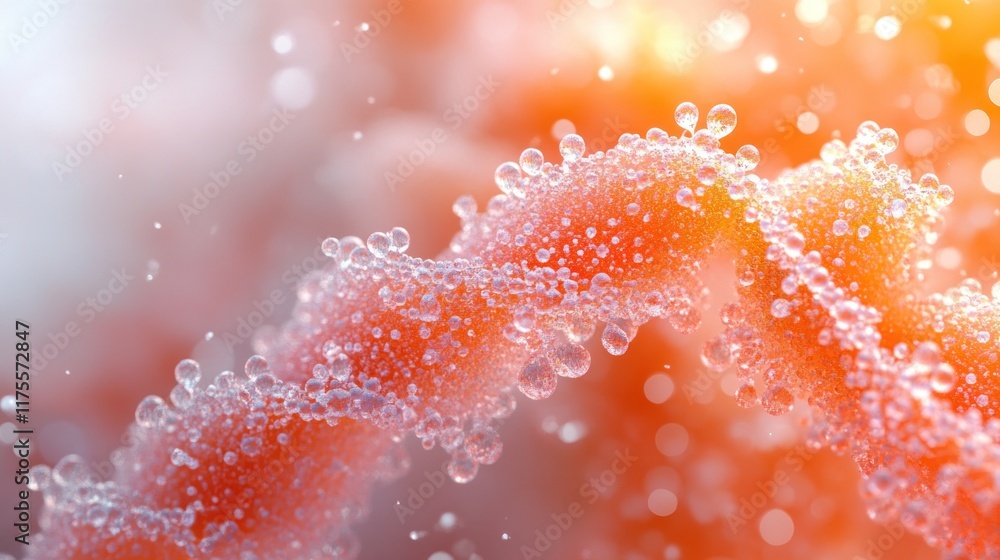 Poster abstract representation of a spiraling molecule with bubbles and water droplets.