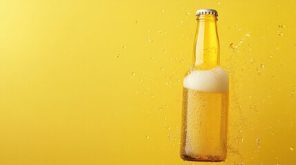 A beer bottle with frothy liquid dispersion highlighting refreshment on a golden yellow background.