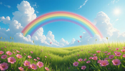 Vivid rainbow arching across blue sky with fluffy white clouds, sunlight illuminating green meadow with pink flowers, creating idyllic natural scene.