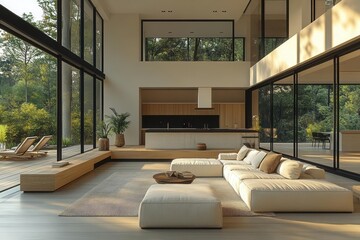 Fototapeta premium minimalist home interior highlighting expansive windows that invite natural light with clean lines and neutral colors creating a serene atmosphere soft shadows enhance the tranquility