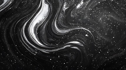 Generative black and white swirling liquid with shimmering particles creating a luxury feel